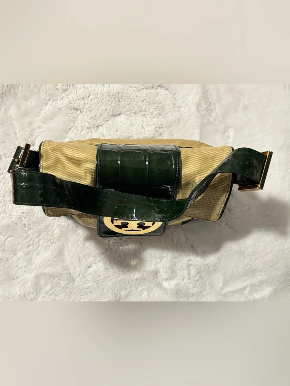 Tory Burch Vintage Baguette Shoulder Bag Khaki Canvas Dark Green Patent 11099828
